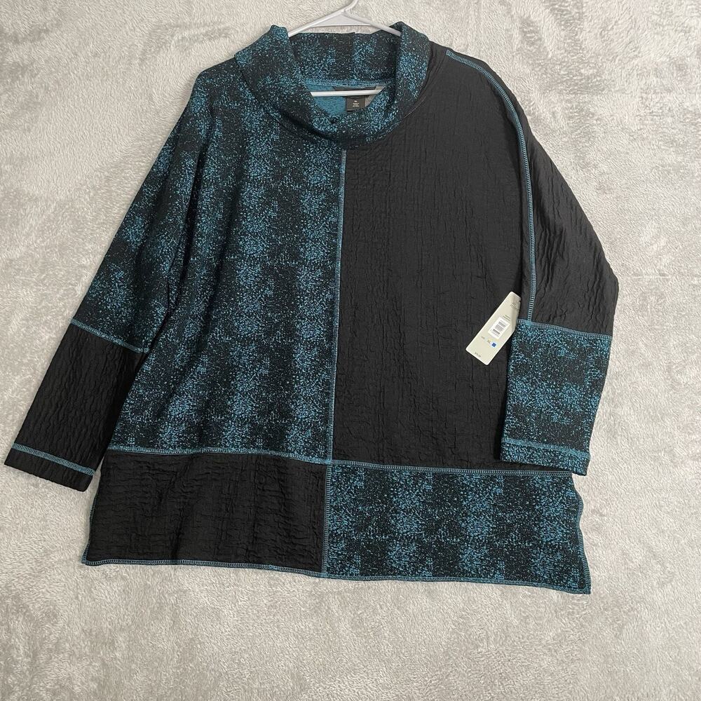 Ali Miles Top Women XL Green Black Cowl Neck Color Block Speckled Crinkle New